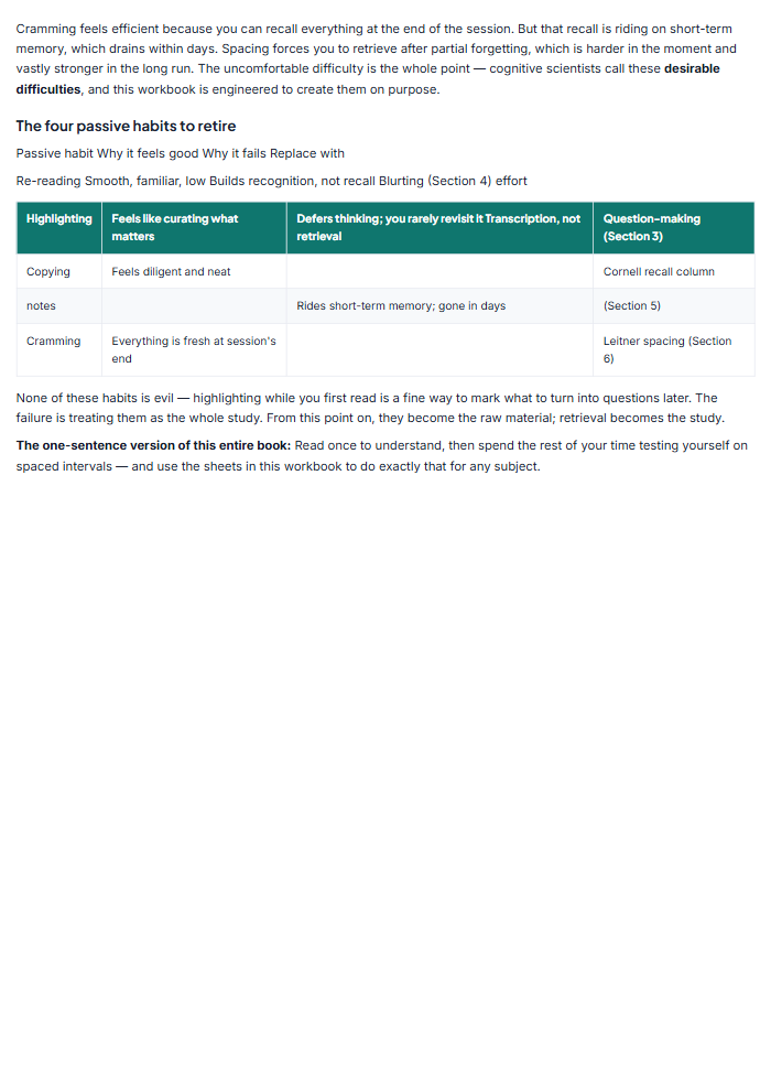 Active Recall Study System: Printable Workbook + Sheets — sample page 2