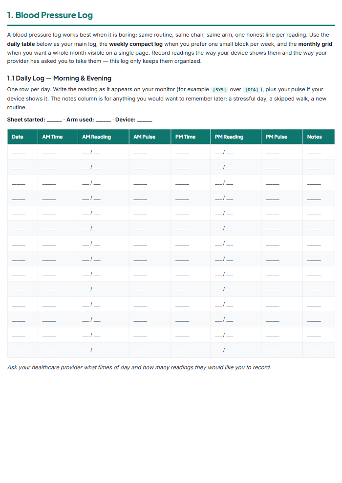 Blood Pressure Log & Health Trackers: Printable Bundle — sample page 1