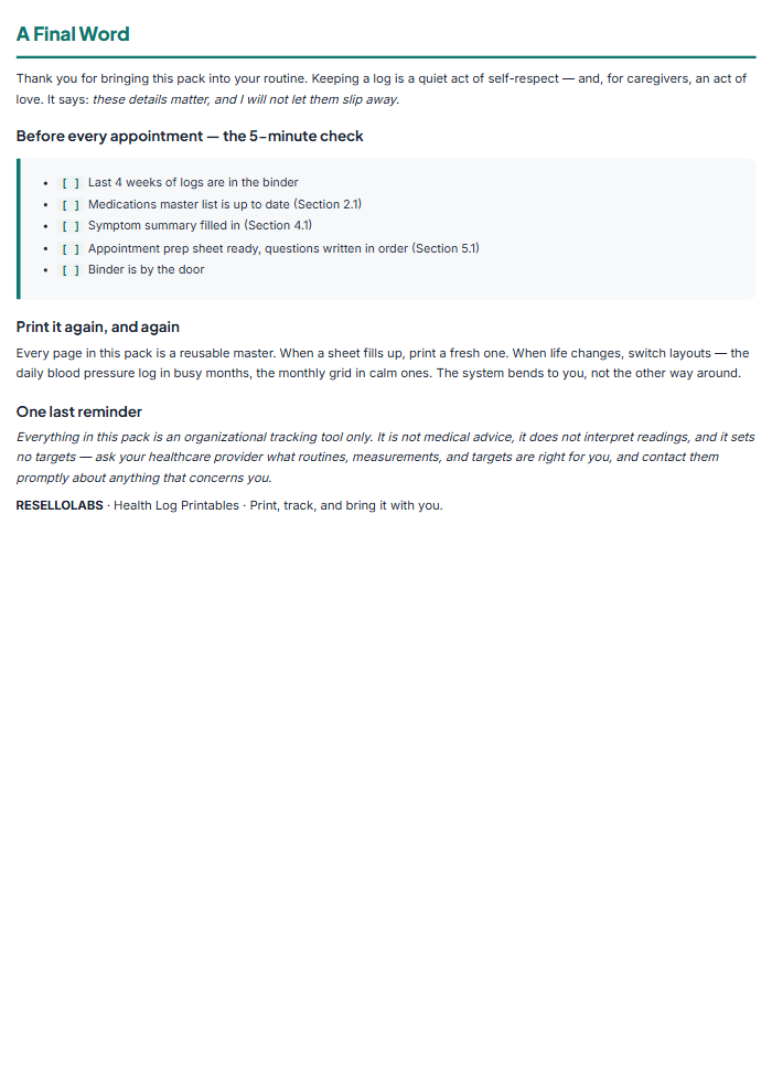 Blood Pressure Log & Health Trackers: Printable Bundle — sample page 2