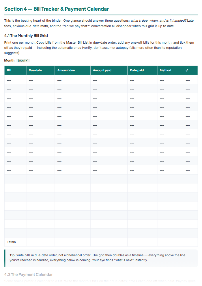 Budget Binder Printables: Bill Tracker, Paycheck & Savings — sample page 1
