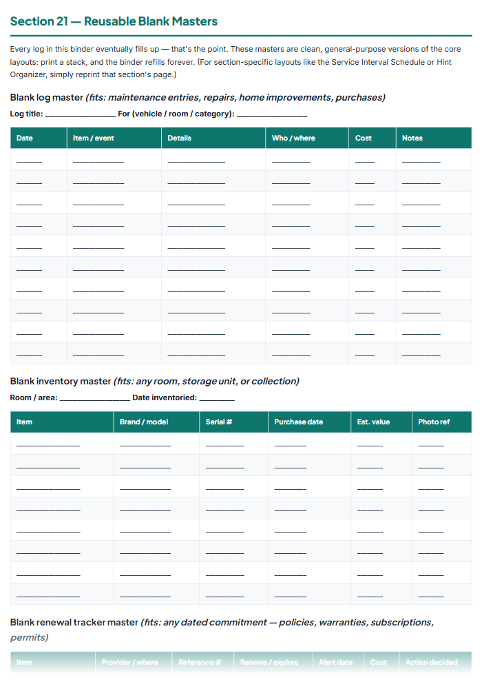 Car Maintenance Log & Home Records Organizer (Printable) — sample page 1