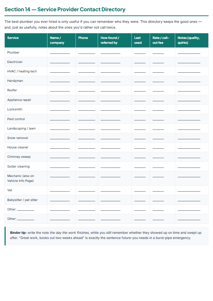 Car Maintenance Log & Home Records Organizer (Printable) — sample page 2