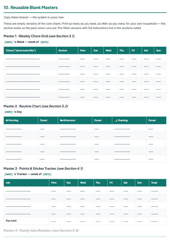 Chore Chart Printables & Family Cleaning Schedule System — sample page 1