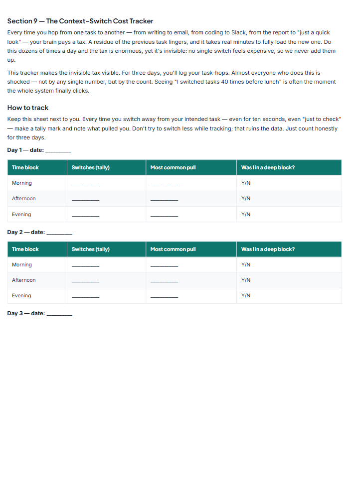 Deep Focus Time-Blocking Workbook & Distraction Planner — sample page 3