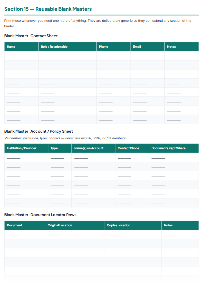 Family Emergency Binder: Important Documents Organizer — sample page 1