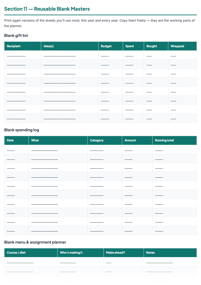 Holiday Planner Printables: Christmas Budget, Gifts, Hosting — sample page 1