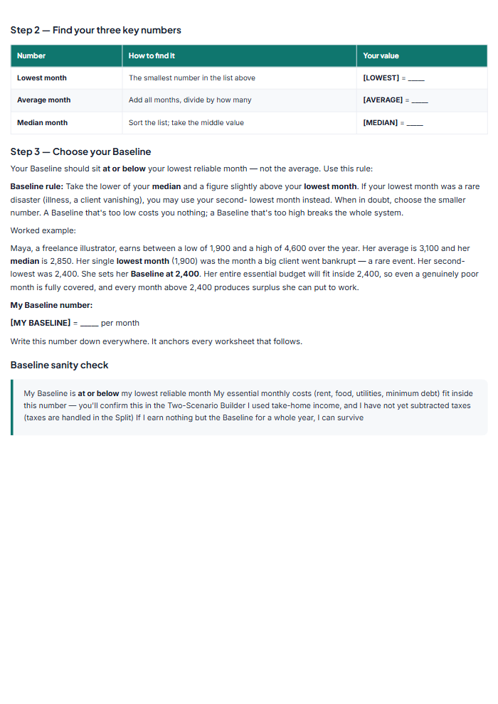 Irregular Income Budget Planner for Freelancers (PDF) β sample page 2