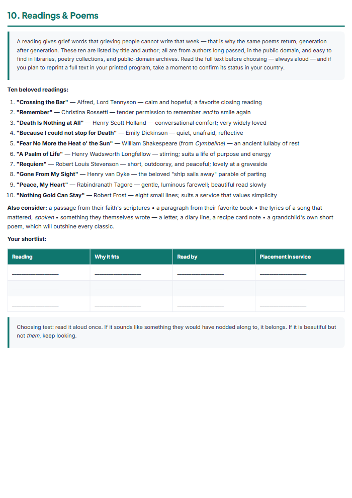 Memorial Service Planner & Funeral Planning Checklist (PDF) — sample page 2