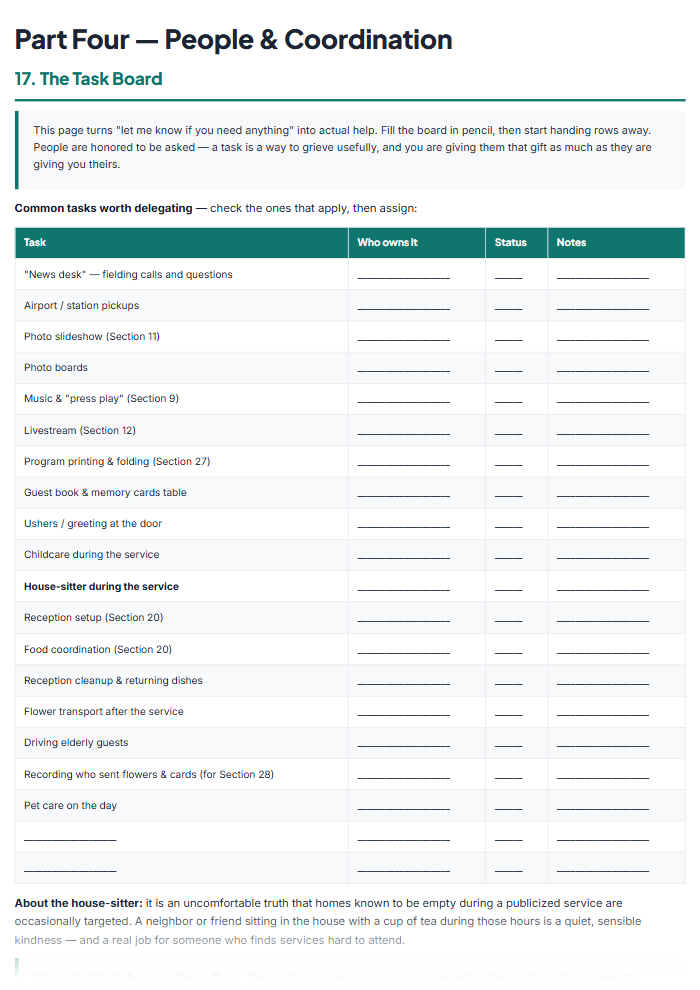 Memorial Service Planner & Funeral Planning Checklist (PDF) — sample page 3