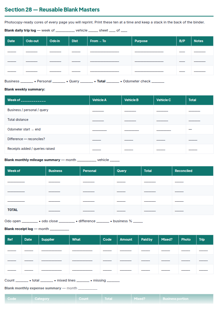 Mileage Log & Business Expense Tracker (Printable PDF) — sample page 1