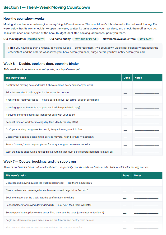 Moving Checklist & New Home Workbook (Printable PDF) — sample page 1