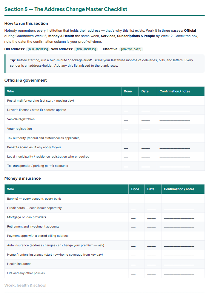 Moving Checklist & New Home Workbook (Printable PDF) — sample page 3