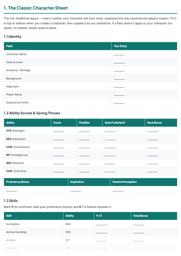 TTRPG Character Sheets & Campaign Planner (5E-Compatible) โ sample page 1